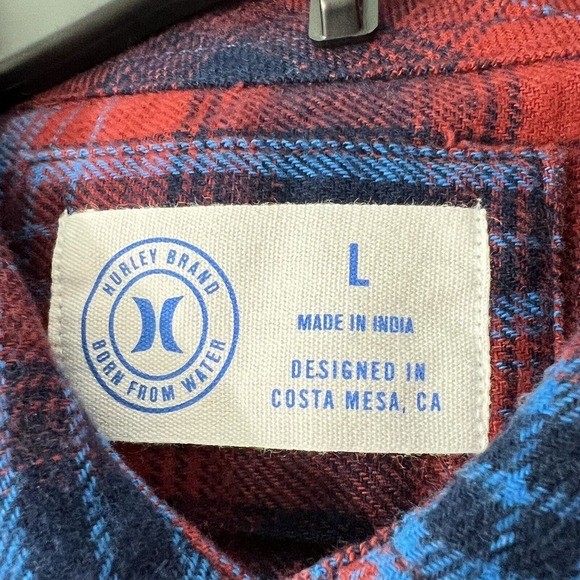 Hurley Shirt Mens LARGE Red & Blue Plaid Flannel Button Up Front Pockets Logo - Picture 8 of 15